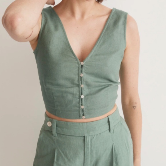 Madewell || linen Gwen crop vest top in trellis green - Picture 1 of 9